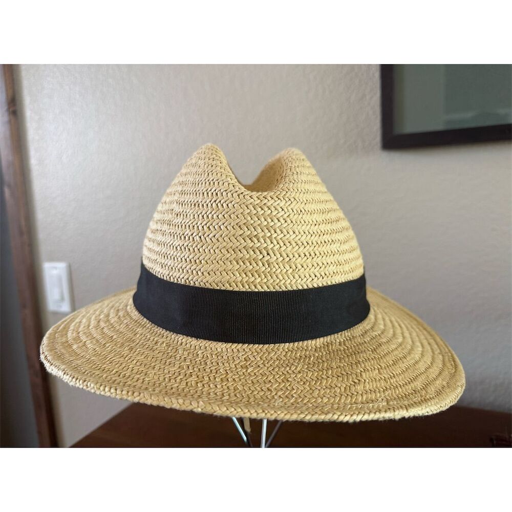 Banana Republic Unisex Straw Packable Hat Beige Wide Brim Summer - Picture 2 of 5